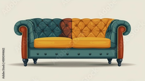 Chesterfield Sofa flat design, side view, classic theme, animation, Split-complementary color scheme photo