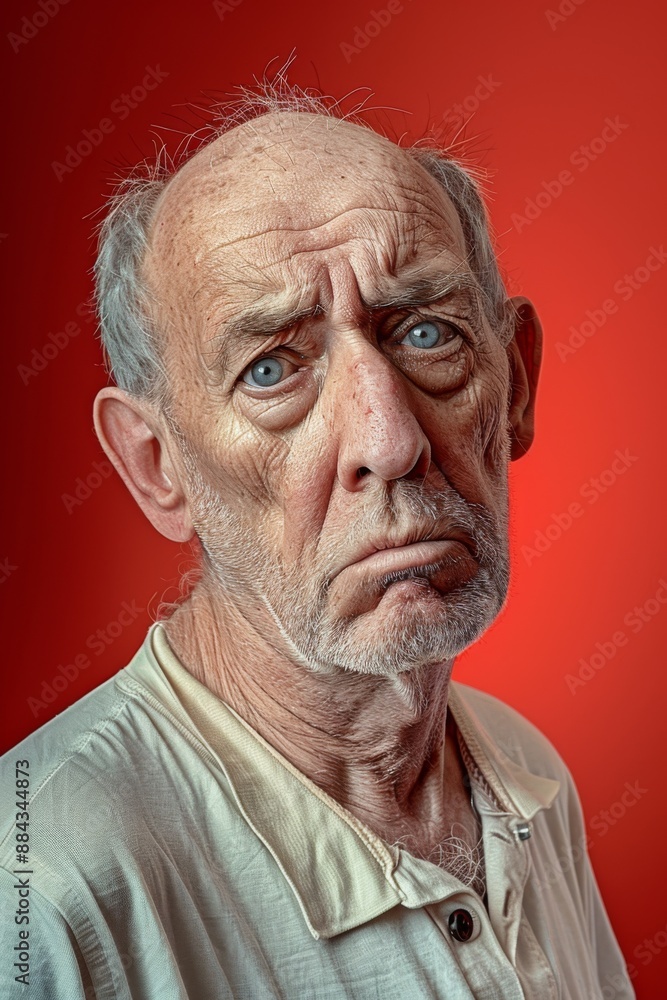 Elderly man with expressive eyes and weary expression poses against a vivid red background, showcasing his deep lines and age in a striking and intimate portrait Elderly man with expressive eyes and weary expression poses against a vivid red background, showcasing his deep lines and age in a striking and intimate portrait
