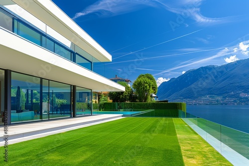  modern villa with large windows, garden and terrace on the hillside, clear blue sky, lawn grass, terrace overlooking lake como, landscape 