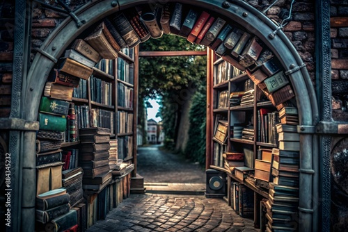 Enchanting bookstore entrance archway with books on shelves, leading to a cobblestone pathway and a cozy, inviting street view.