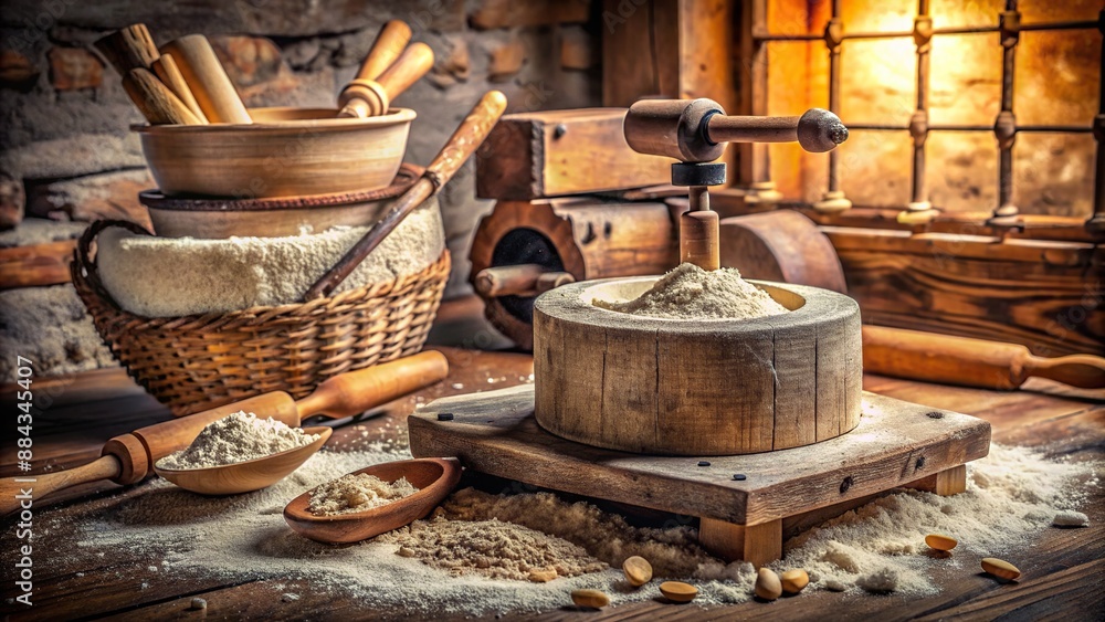 Fototapeta premium Small stone mill with worn wooden handle, surrounded by scattered flour and rolling pin, evoking rustic, nostalgic, homemade atmosphere.
