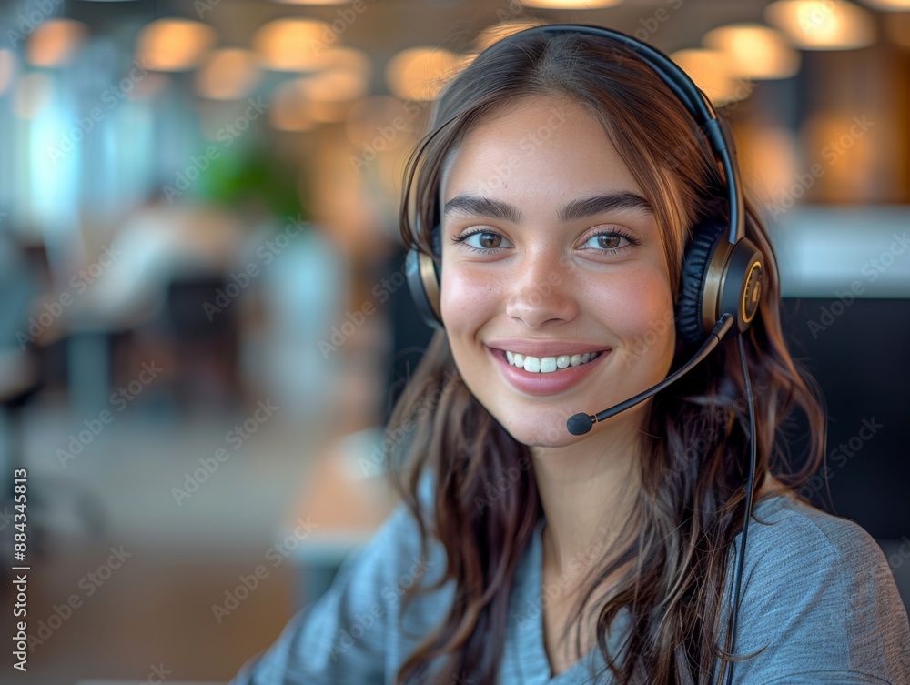 Cute call center operator in modern clothes and with modern headphones smiling cutely in a stylish office Cute call center operator in modern clothes and with modern headphones smiling cutely in a stylish office