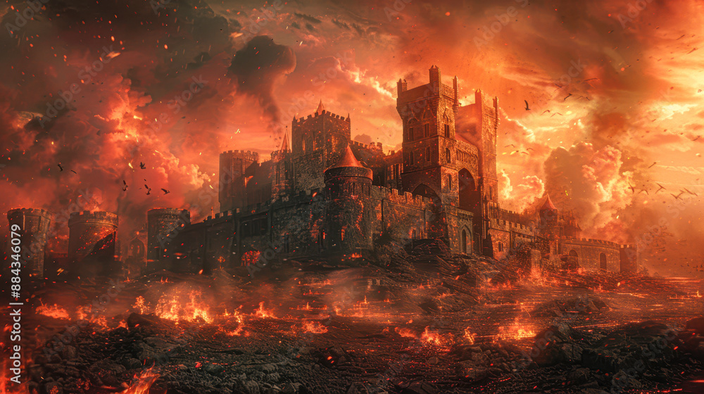 A castle is on fire and surrounded by a lot of smoke A castle is on fire and surrounded by a lot of smoke