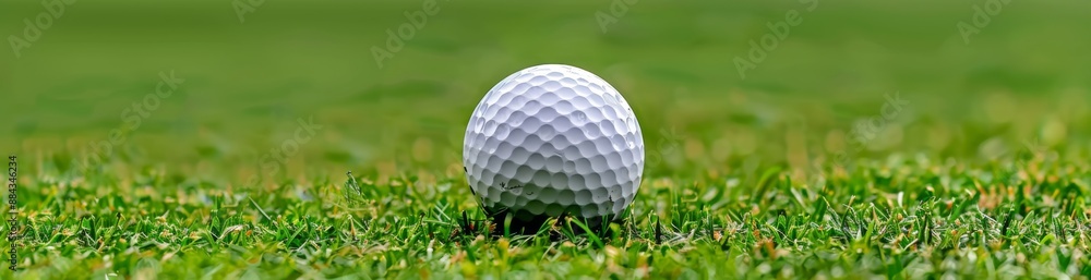 a golf ball standing left on the lawn, ready to be shot with copy space banner. Web banner with copy space on the side, blurred background a golf ball standing left on the lawn, ready to be shot with copy space banner. Web banner with copy space on the side, blurred background
