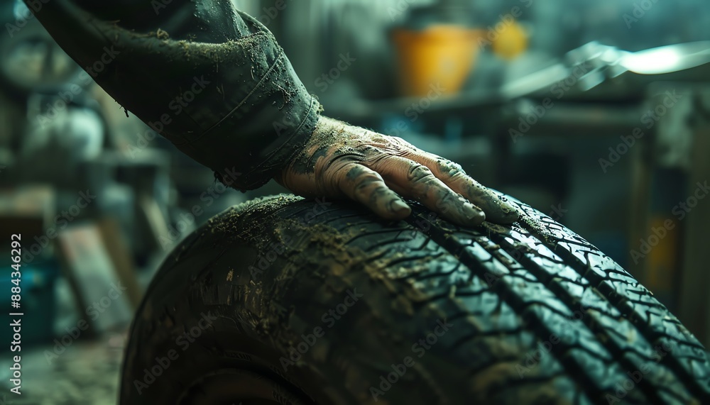 Closeup of a mechanics hand on a tire in a workshop, shallow depth of field, dramatic lighting, hyperdetailed Closeup of a mechanics hand on a tire in a workshop, shallow depth of field, dramatic lighting, hyperdetailed