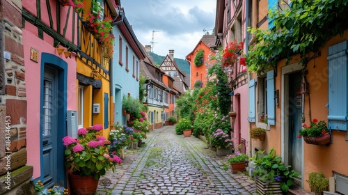 Charming Cobblestone Street with Colorful Houses in Quaint European Village