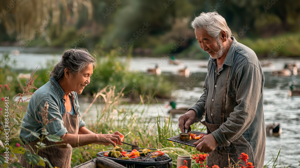 Obraz premium Senior Couple Enjoying a Barbecue by the Lake at Sunset
