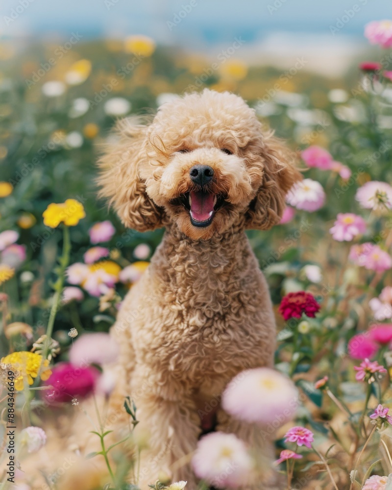 a poodle dog is smiling on the ground that are fulled with summer flowers a poodle dog is smiling on the ground that are fulled with summer flowers