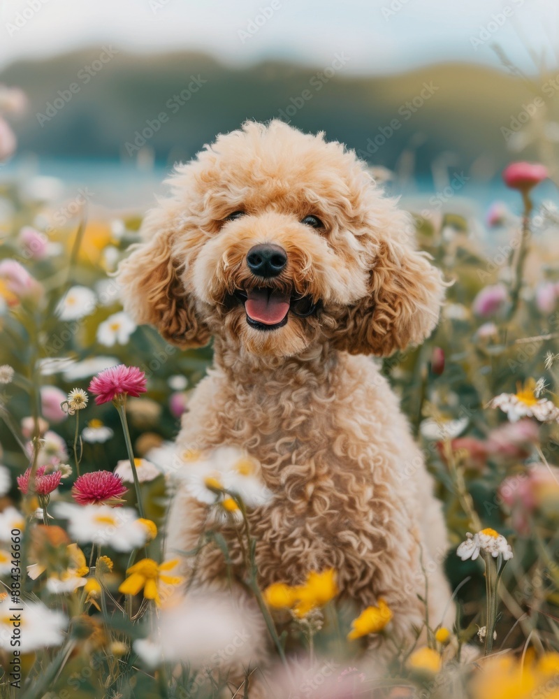 poodle dog smiling, meadow of summer flowers poodle dog smiling, meadow of summer flowers
