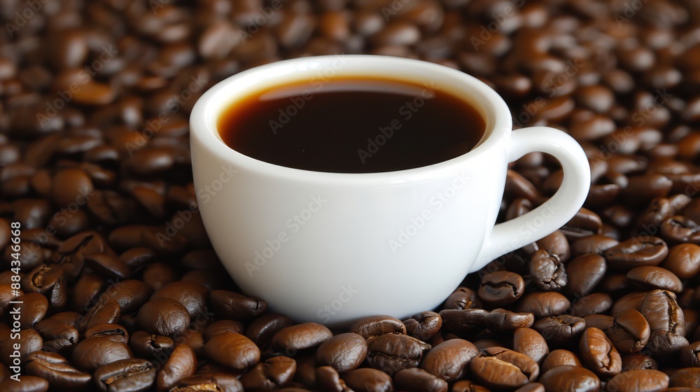 Aromatic Freshly Brewed Black Coffee in a White Mug Resting on Toasted Coffee Bean Background Aromatic Freshly Brewed Black Coffee in a White Mug Resting on Toasted Coffee Bean Background