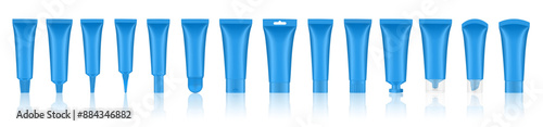 Set of blue cosmetic tubes. Closed blank tubes with caps. Realistic mockup. Long nozzle tube. for ointment or salve. Gel serum. Korean packaging. Lip gloss. Toothpaste. Hand cream