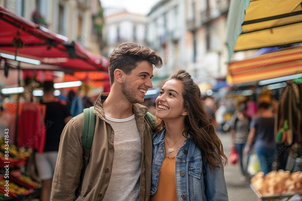 A young couple exploring a vibrant city street market A young couple exploring a vibrant city street market