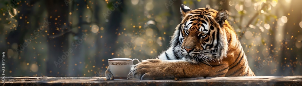 Fototapeta premium A tiger is sitting at a table in the forest. The tiger has a cup of coffee in front of it. The tiger is looking out at the forest. The tiger is thinking about its life.