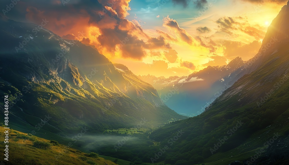 The rugged mountain peaks seem to touch the sky, while the lush green valleys stretch out below The rugged mountain peaks seem to touch the sky, while the lush green valleys stretch out below