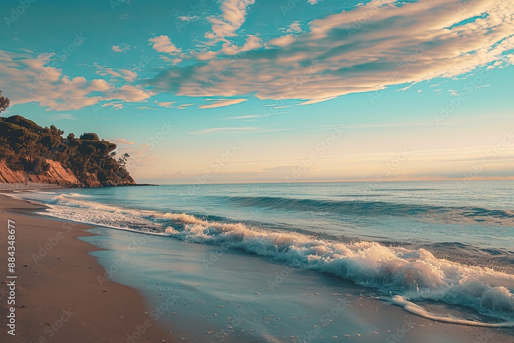 Obraz premium Gentle Waves Lapping the Sandy Shore at Dusk