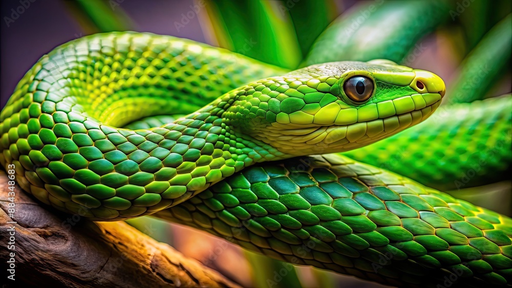 Obraz premium Closeup of a vibrant green snake blending into the wild nature habitat, wildlife, reptile, scales, slithering, camouflage