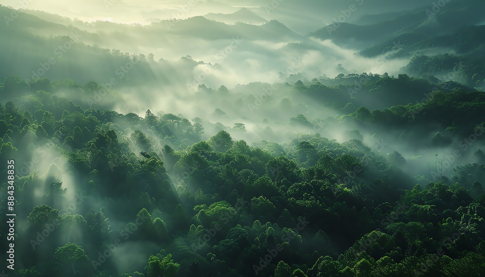 Obraz premium The lush green rainforest is shrouded in a thick mist, creating a mystical and ethereal atmosphere