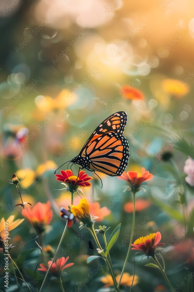 A beautiful close-up of a monarch butterfly perched on a flower in a field of wildflowers. A beautiful close-up of a monarch butterfly perched on a flower in a field of wildflowers.