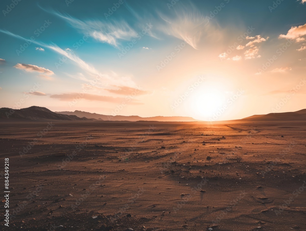 Naklejka premium A vast, red desert landscape with distant mountains and a golden sunset