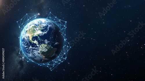 A digital illustration of Earth in space encased in geometric lines, representing global technology and communication networks.