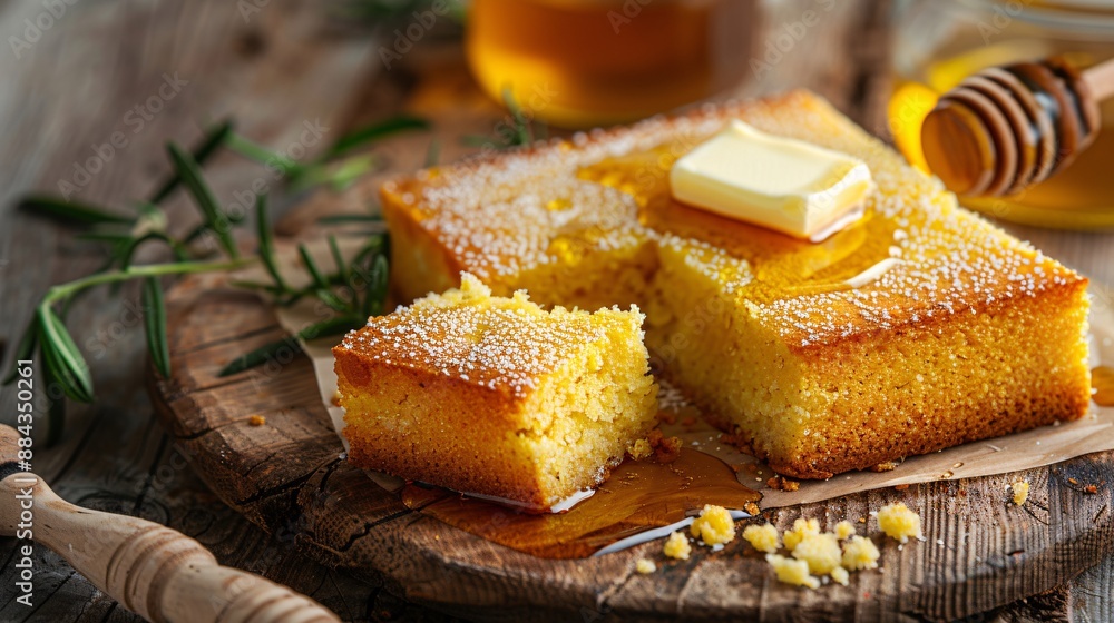 A serving of cornbread with a golden crust, sliced and served with butter and honey on a wooden board A serving of cornbread with a golden crust, sliced and served with butter and honey on a wooden board