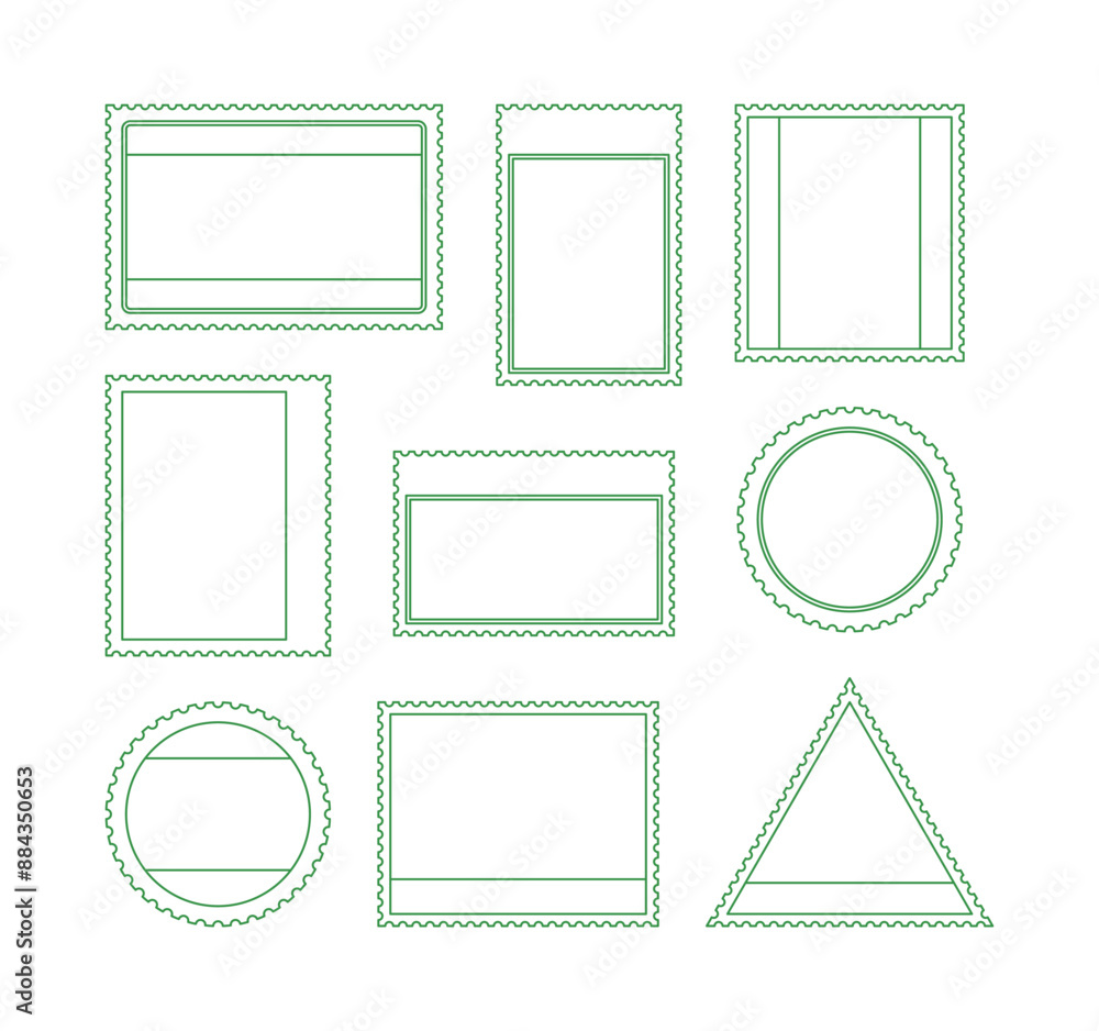 A set of stamp label frame line illustrations of various shapes such as square, circle, and triangle. A set of stamp label frame line illustrations of various shapes such as square, circle, and triangle.