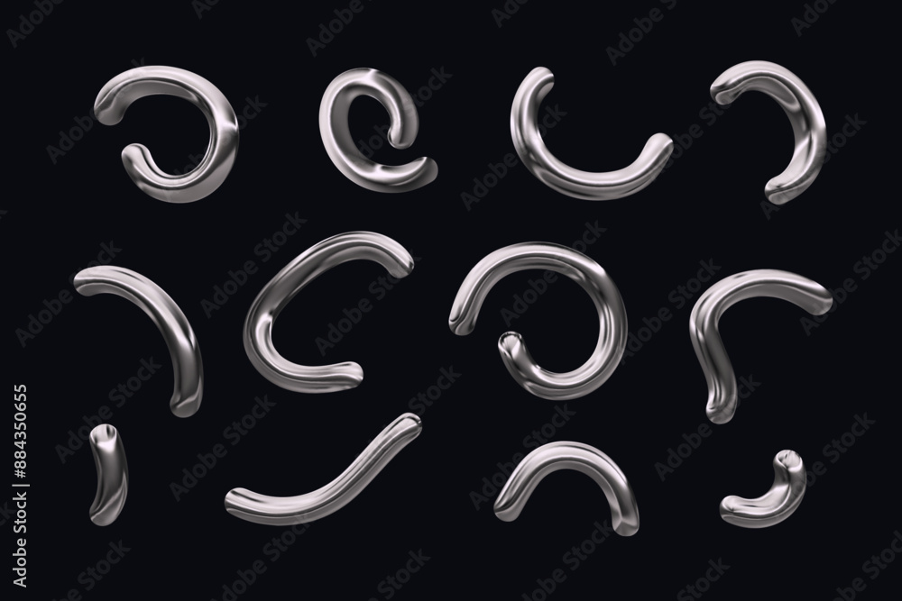 Chrome metal y2k abstract shape. Silver 3d line curve element on black background. Futuristic pattern. Graphic fluid chrome element for trendy cyberpunk design. Vector illustration Chrome metal y2k abstract shape. Silver 3d line curve element on black background. Futuristic pattern. Graphic fluid chrome element for trendy cyberpunk design. Vector illustration