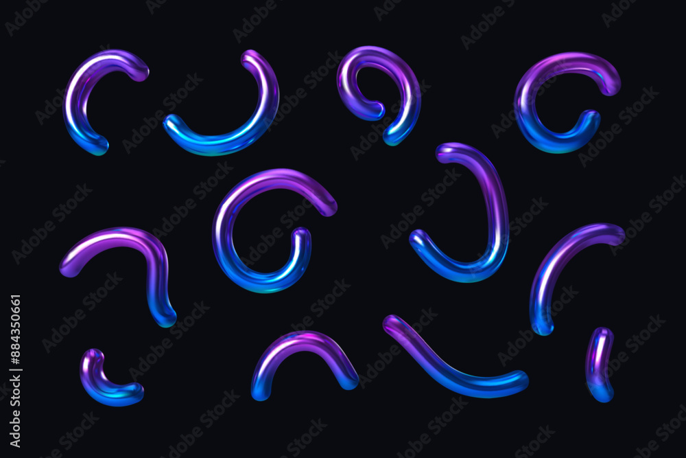 Fototapeta premium Hologram y2k abstract shape. 3d gradient neon line curve element on black background. Futuristic y2k pattern. Graphic fluid chrome element for trendy cyberpunk design. Vector 3d illustration