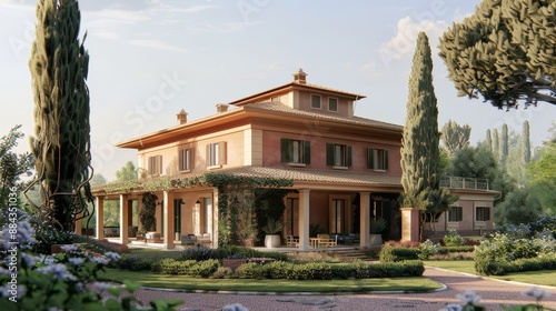 A beautiful Italian villa with red tiled roof and climbing vines amidst tall cypress trees and lush gardens.