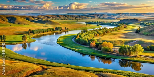 River meandering through rolling hills, reflecting surrounding landscape colors, river, meander, rolling hills, landscape