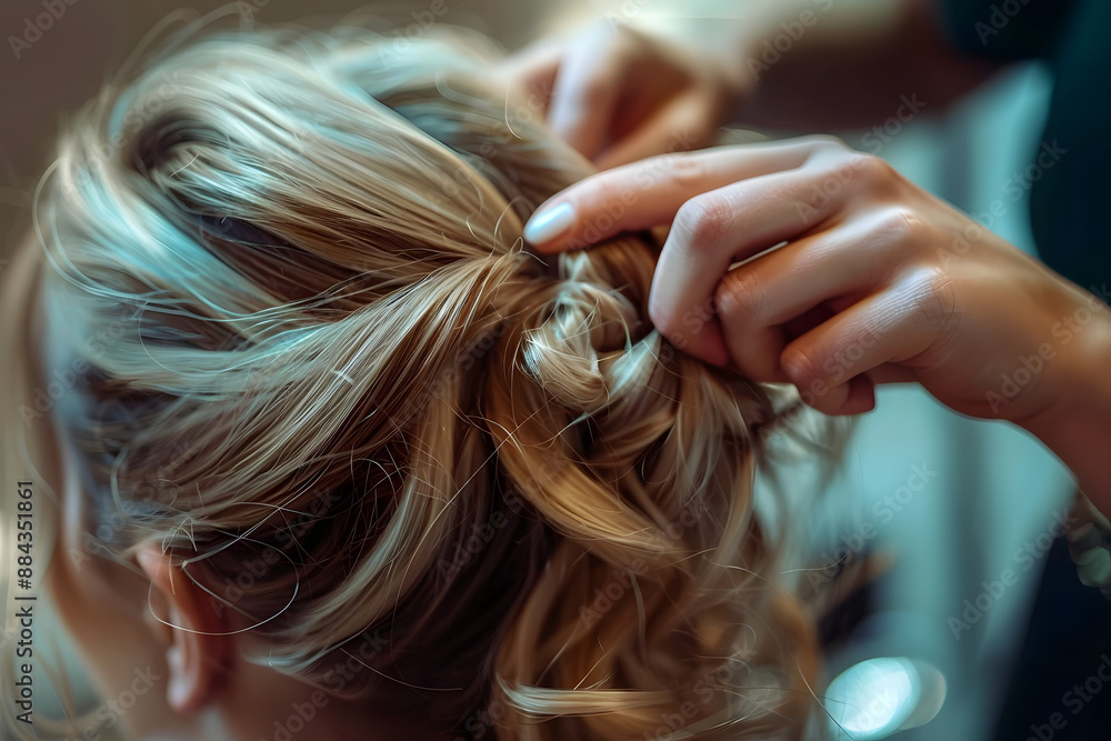 Obraz premium Close-up of hands of hairdresser making hairstyle young blonde woman in beauty salon