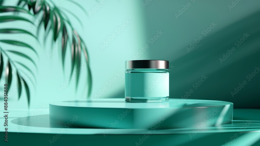 3D pastel blue podium with a minimalist skincare bottle, mint green backdrop, soft shadows 3D pastel blue podium with a minimalist skincare bottle, mint green backdrop, soft shadows