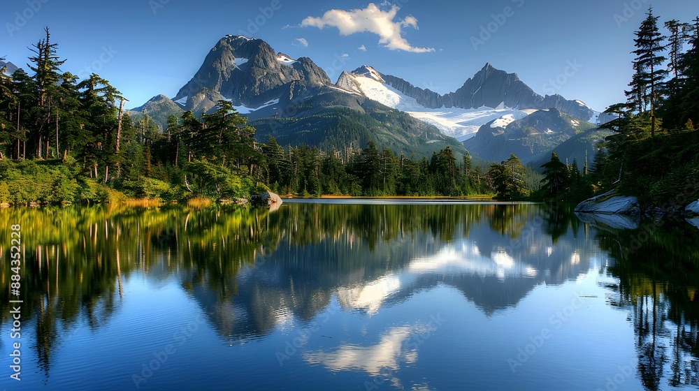 Tranquil lake with crystal-clear water reflecting surrounding trees and mountains, providing a calming and peaceful scene. Tranquil lake with crystal-clear water reflecting surrounding trees and mountains, providing a calming and peaceful scene.