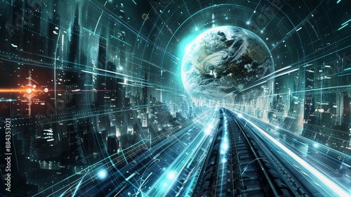 A dynamic depiction of a futuristic city with an elaborate, high-speed rail track pointing towards the orbiting Earth.