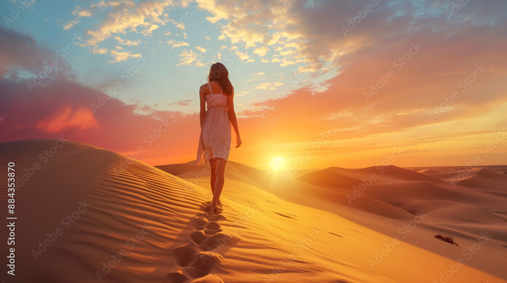 A model walking on sand dunes at sunset, adventurous and majestic, left third copy space A model walking on sand dunes at sunset, adventurous and majestic, left third copy space