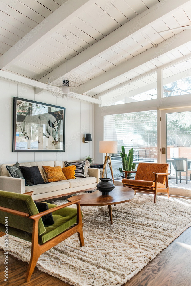 Mid-century modern interior, living space, livingroom Mid-century modern interior, living space, livingroom