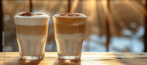 Two milk coffees on a wooden table with a wooden tableboard background photo