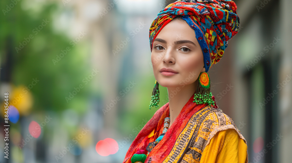 Fototapeta premium A model in traditional attire of various cultures in an urban setting, respectful and diverse, left third copy space