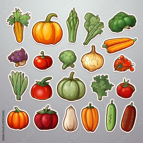 Colorful vegetable stickers for educational materials, marketing, packaging, and product branding.