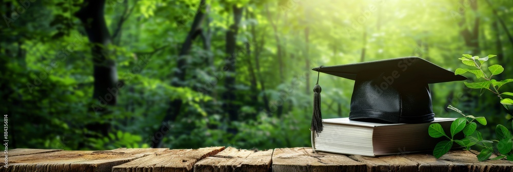 White book with graduation cap on wooden table against backdrop of lush green forest White book with graduation cap on wooden table against backdrop of lush green forest