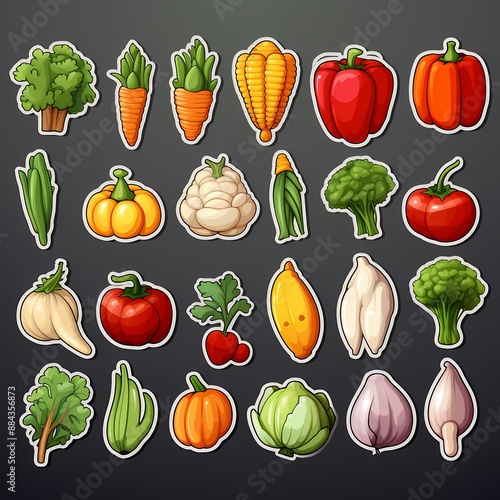 Colorful vegetable stickers for educational materials, marketing, packaging, and product branding.