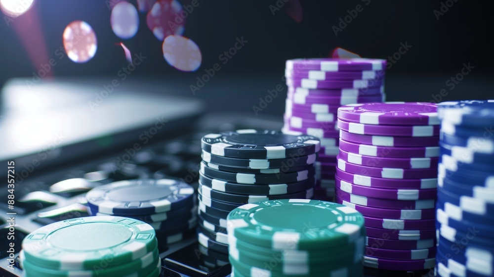 Online poker game with high stakes, detailed view of betting chips, network of players, and compelling casino advertising banners Online poker game with high stakes, detailed view of betting chips, network of players, and compelling casino advertising banners