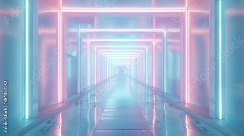 A mesmerizing futuristic hallway illuminated with glowing neon pink and blue lights, creating a captivating endless tunnel effect. photo