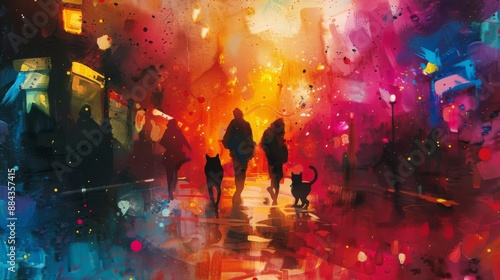 The painting is of three people walking in the rain with their two dogs photo