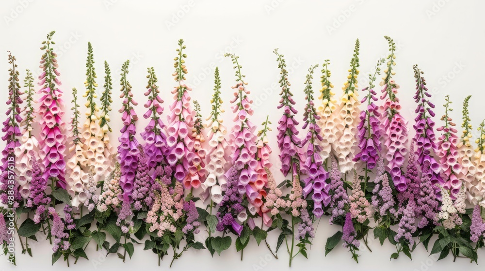 Enchanted Foxglove Display, Cascading Floral Beauty, Pink and Purple Hues on Pristine White, Magical Woodland Essence Enchanted Foxglove Display, Cascading Floral Beauty, Pink and Purple Hues on Pristine White, Magical Woodland Essence