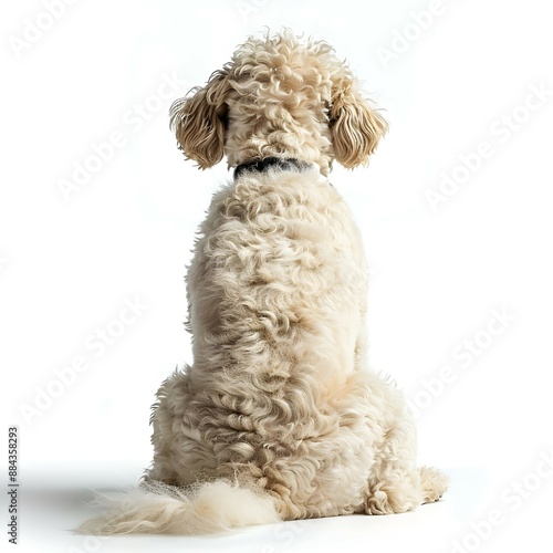 White and Tan Bordoodle Sitting from Behind on White Background