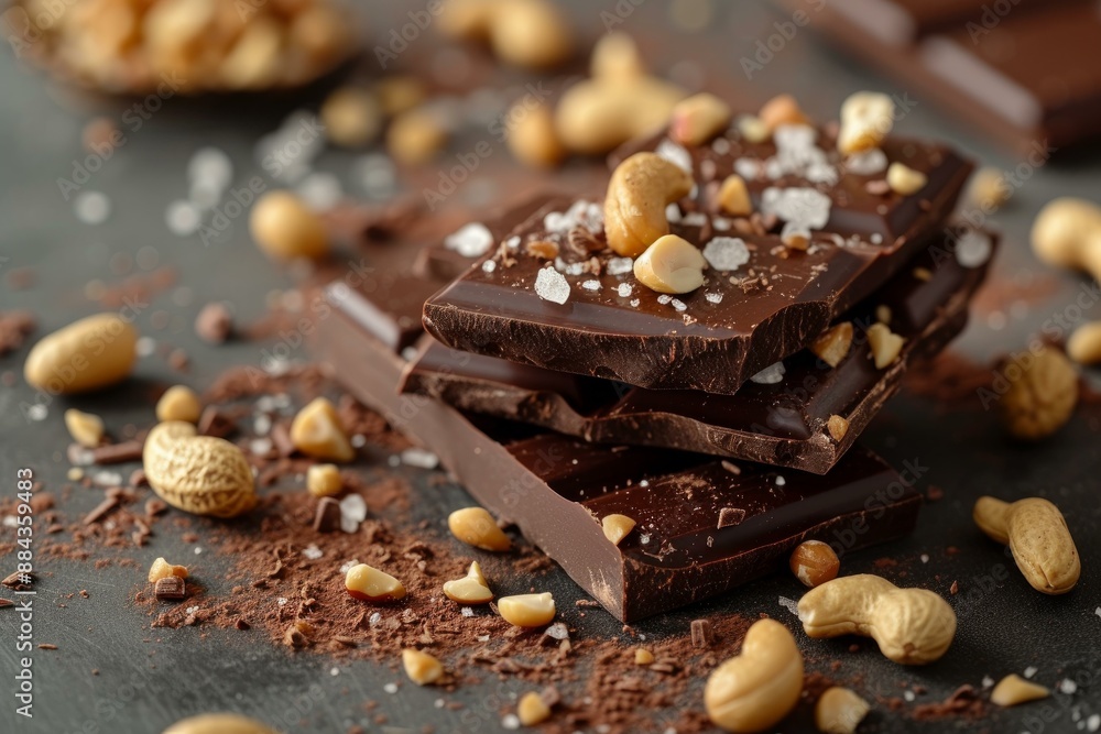 Stack of dark chocolate bars with peanuts and sea salt on a dark surface Stack of dark chocolate bars with peanuts and sea salt on a dark surface