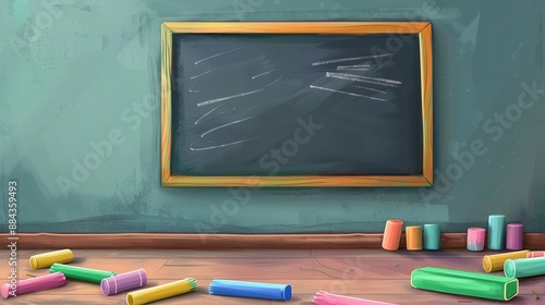 a chalkboard and some colored chalks on a floor