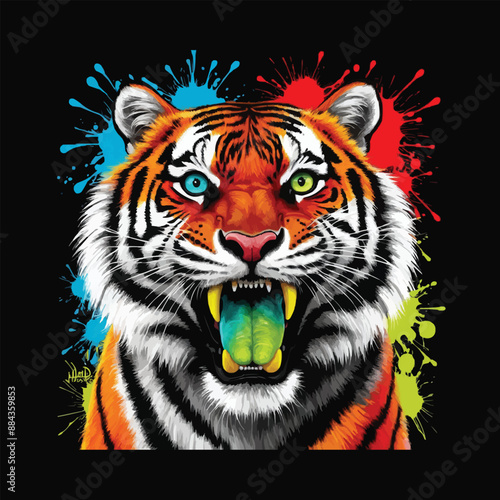 Tiger t-shirt design. AI Ultra Masterpiece by Hans Darias AI Explosive Colorful Tiger Portrait photo