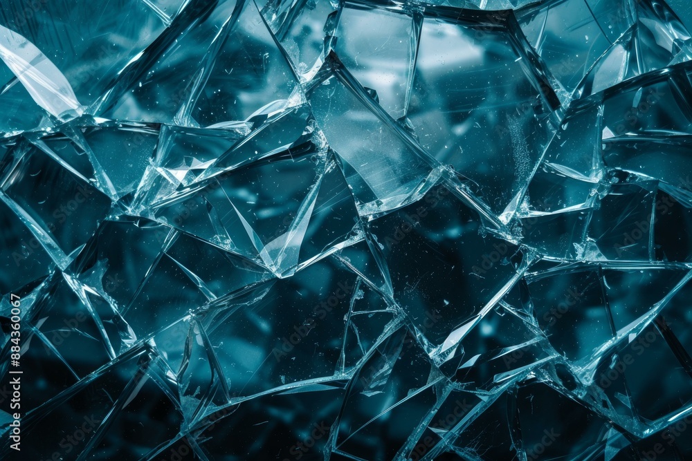 Close-up abstract shattered glass texture with sharp, jagged edges in blue, showcasing the dangerous and modern impact of destruction and vandalism on a windowpane Close-up abstract shattered glass texture with sharp, jagged edges in blue, showcasing the dangerous and modern impact of destruction and vandalism on a windowpane